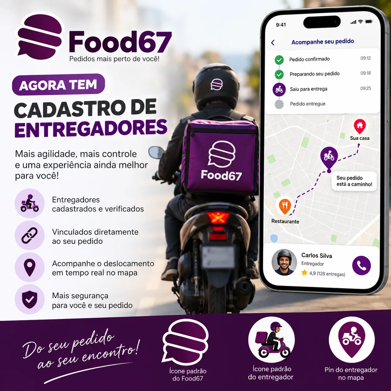 Entregador do FOOD67 a caminho, com o cliente acompanhando a entrega em tempo real no celular