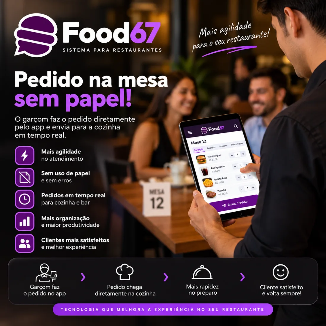 Garçom fazendo o pedido pelo celular no FOOD67